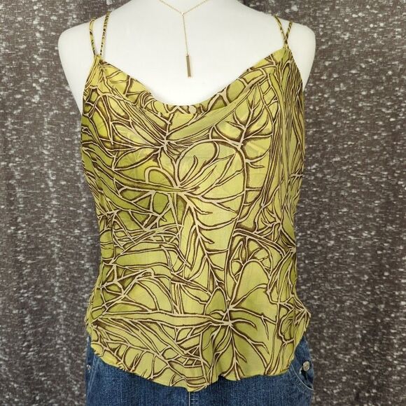 Cache Tops - Vintage Y2K Cache Strappy Cowl‎ Neck Green Tank Top Leaf Print Women's